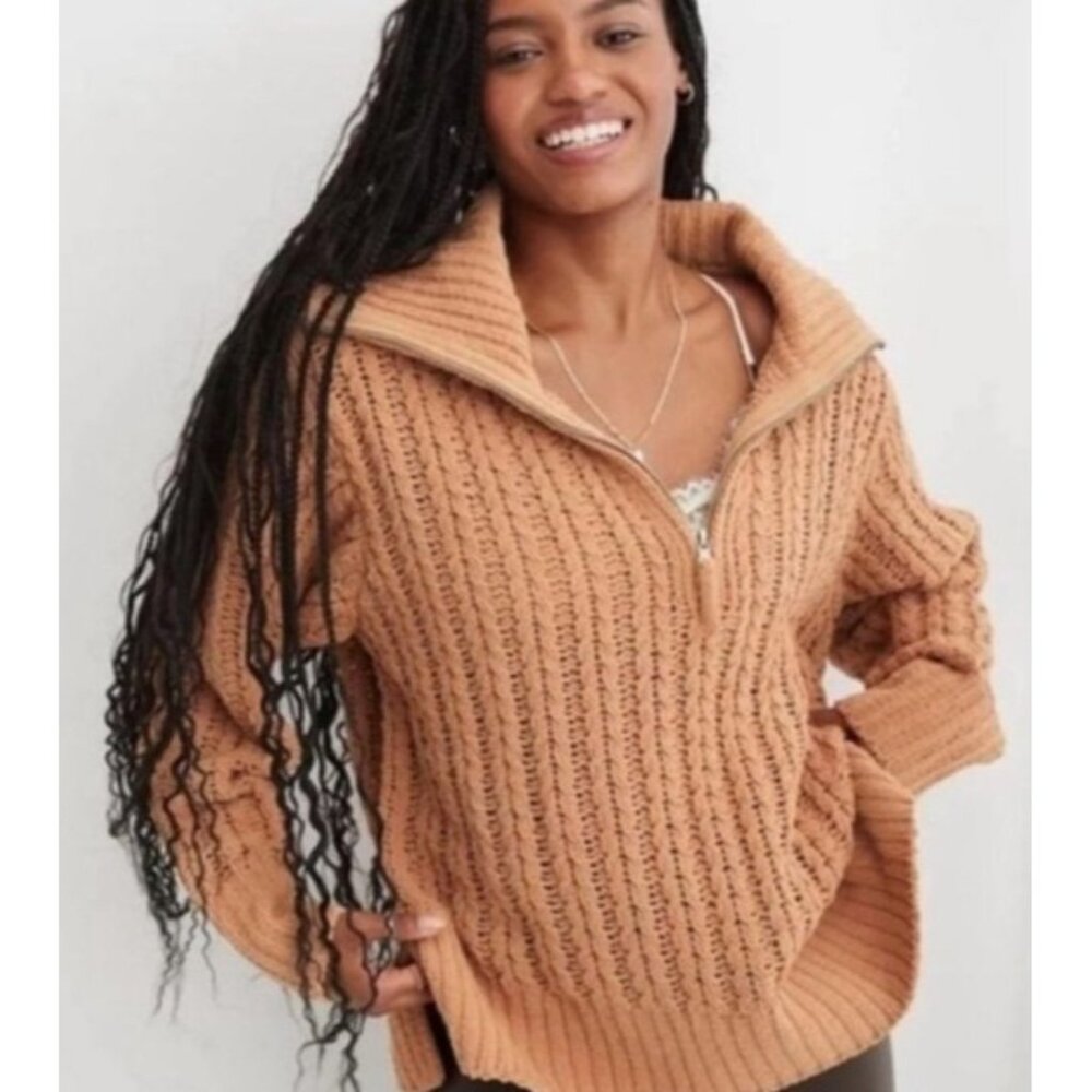 Aerie Women's Chunky Light Brown Quarter Zipper Sweater Size 2X